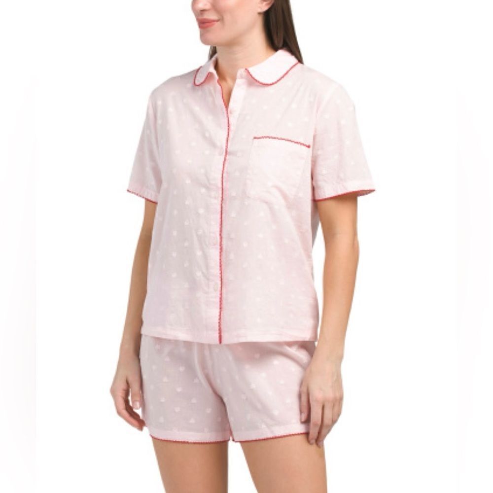 cupcakes and cashmere Pink Red Swiss Heart Crochet Trim Cotton Shorty PJ Set